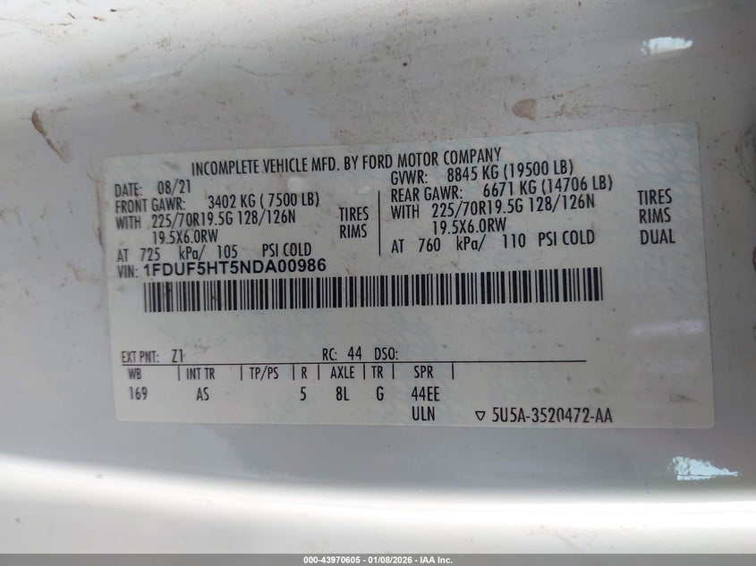 2022 Ford F550 VIN 1FDUF5HT5NDA00986 IAAI salvage auction — FRONT END, Salvage Title, sold $26,250 on 2026-07-07 (photo 8)