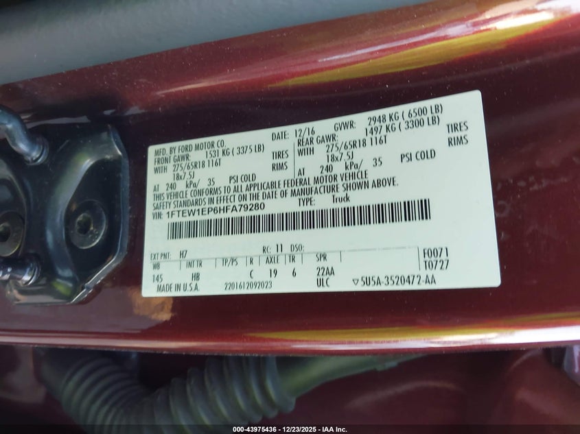 2017 Ford F-150 VIN 1FTEW1EP6HFA79280 IAAI salvage auction — FRONT END, Salvage Title, sold $6,200 on 2026-07-18 (photo 9)
