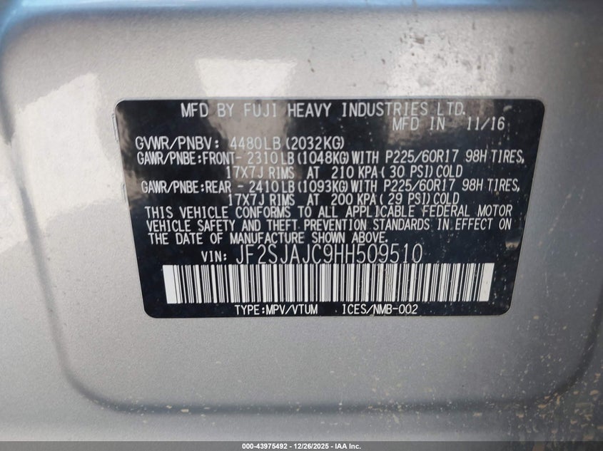 2017 Subaru Forester VIN JF2SJAJC9HH509510 IAAI salvage auction — FRONT END, Salvage (Oklahoma), sold $2,350 on 2026-07-26 (photo 9)