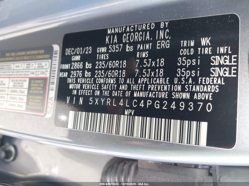 2023 Kia Sorento VIN 5XYRL4LC4PG249370 IAAI salvage auction — FRONT END, Salvage Title, sold $11,500 on 2026-09-07 (photo 9)