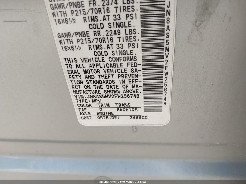 2015 Nissan Rogue VIN JN8AS5MV2FW256748 IAAI salvage auction — NORMAL WEAR, Regular (Nevada), sold $125 on 2026-07-10 (photo 9)