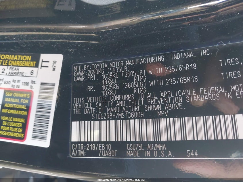 2021 Toyota Highlander VIN 5TDGZRBH7MS136009 IAAI salvage auction — FRONT END, Salvage (New Jersey), sold $14,100 on 2026-07-10 (photo 9)