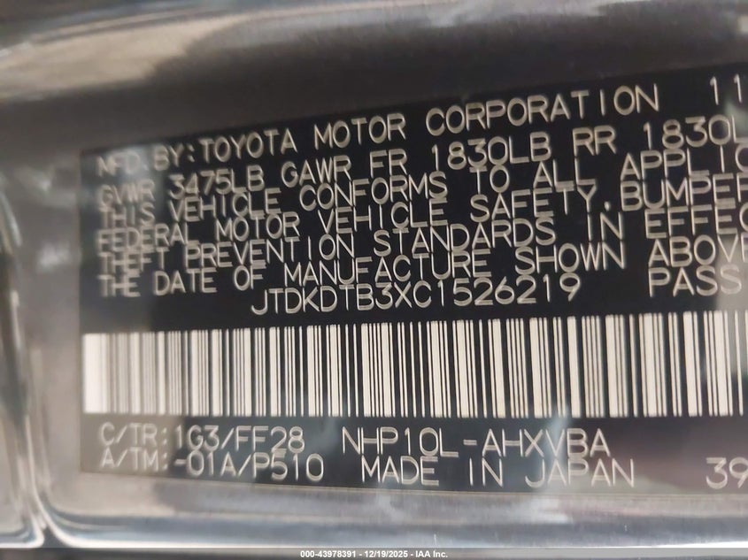 2012 Toyota Prius c VIN JTDKDTB3XC1526219 IAAI salvage auction — RIGHT FRONT, Salvage (Indiana), sold $400 on 2026-07-21 (photo 9)
