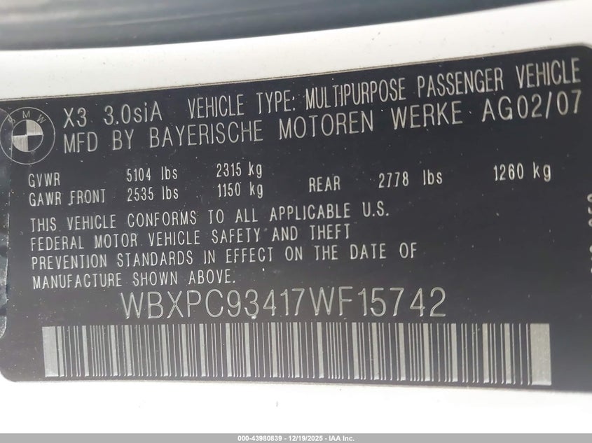 2007 BMW X3 VIN WBXPC93417WF15742 IAAI salvage auction — FRONT END, Salvage (California), sold $1,050 on 2026-07-15 (photo 9)