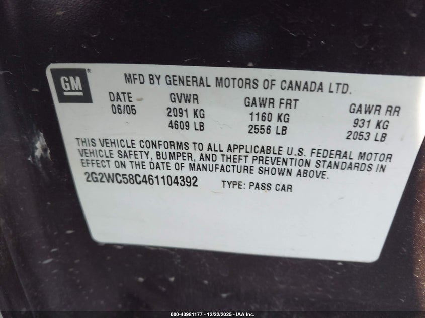 2006 Pontiac Grand prix VIN 2G2WC58C461104392 IAAI salvage auction — ALL OVER, Salvage (Arizona), sold $250 on 2026-07-23 (photo 9)