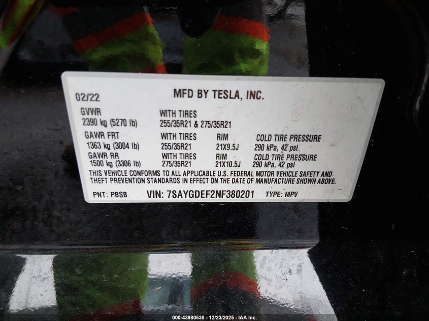 2022 Tesla Model y VIN 7SAYGDEF2NF380201 IAAI salvage auction — FRONT & REAR, Salvage Title, sold $7,425 on 2026-07-16 (photo 9)