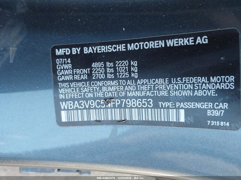 2015 BMW 4er VIN WBA3V9C50FP798653 IAAI salvage auction — LEFT SIDE, Salvage Title, sold $3,700 on 2026-07-20 (photo 9)