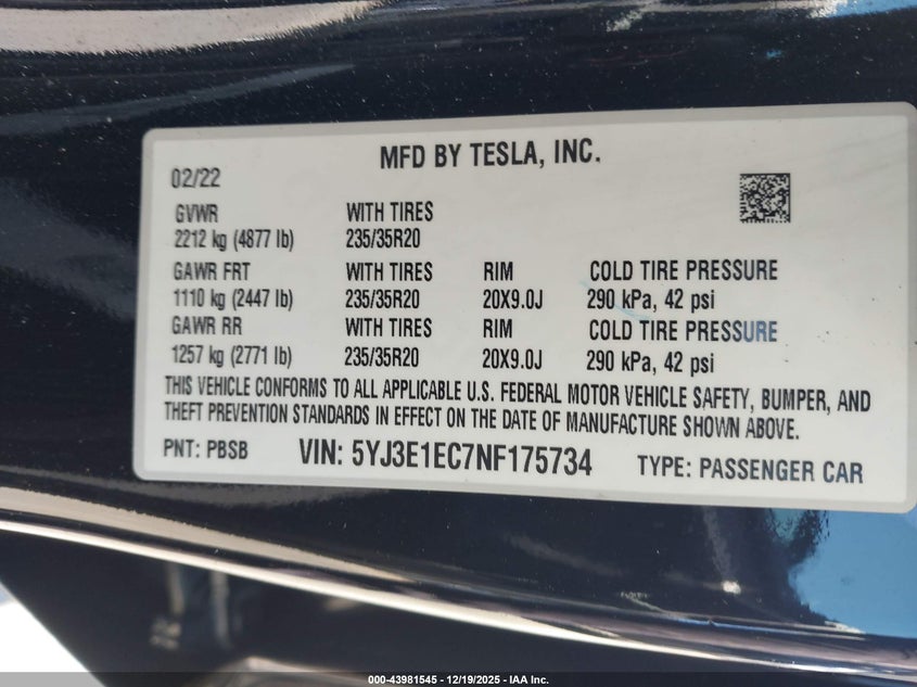 2022 Tesla Model 3 VIN 5YJ3E1EC7NF175734 IAAI salvage auction — REAR END, Other, sold $4,850 on 2026-07-22 (photo 9)