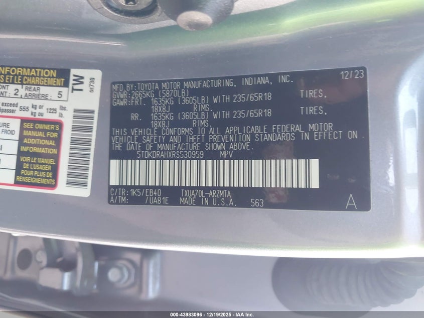 2024 Toyota Highlander VIN 5TDKDRAHXRS530959 IAAI salvage auction — FRONT END, Salvage (North Carolina), sold $9,000 on 2026-07-15 (photo 9)