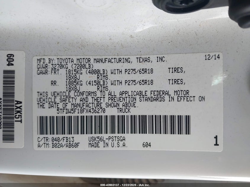 2015 Toyota Tundra VIN 5TFDW5F18FX436270 IAAI salvage auction — LEFT FRONT, Salvage Title, sold $10,200 on 2026-07-09 (photo 9)