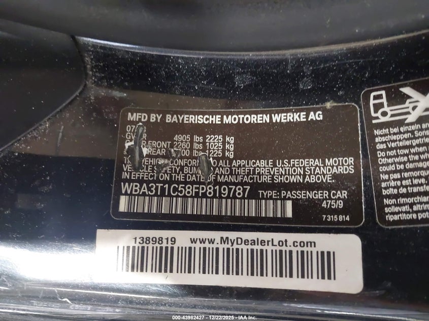 2015 BMW 4er VIN WBA3T1C58FP819787 IAAI salvage auction — VANDALISM, Mv-907A (New York), sold $1,650 on 2026-08-19 (photo 9)