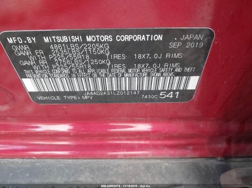 2020 Mitsubishi Outlander VIN JA4AD2A31LZ012147 IAAI salvage auction — TRANSMISSION, Salvage (Indiana), sold $1,900 on 2026-07-29 (photo 9)