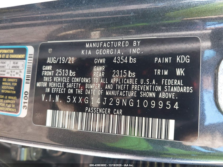 2022 Kia K5 VIN 5XXG14J29NG109954 IAAI salvage auction — FRONT END, Salvage (Alabama), sold $2,000 on 2026-07-15 (photo 9)