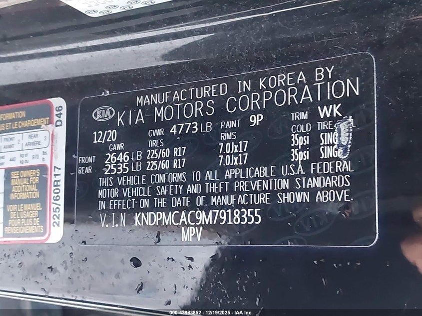 2021 Kia Sportage VIN KNDPMCAC9M7918355 IAAI salvage auction — FRONT END, Salvage Title, sold $2,350 on 2026-07-23 (photo 9)