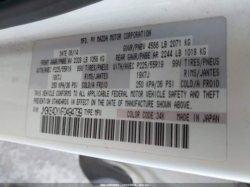 2015 Mazda Cx-5 VIN JM3KE4DYXF0494739 IAAI salvage auction — FRONT END, Junk (Oklahoma), sold $2,000 on 2026-07-12 (photo 9)