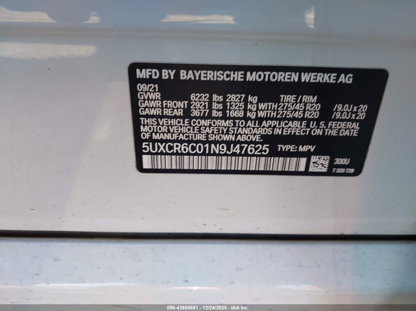 2022 BMW X5 VIN 5UXCR6C01N9J47625 IAAI salvage auction — FRONT END, Salvage Title, sold $15,000 on 2026-07-21 (photo 9)
