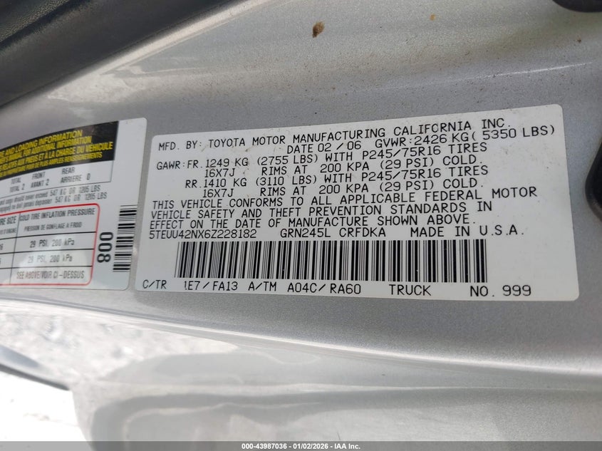 2006 Toyota Tacoma VIN 5TEUU42NX6Z228182 IAAI salvage auction — LEFT FRONT, Salvage (North Carolina), sold $3,500 on 2026-07-31 (photo 9)