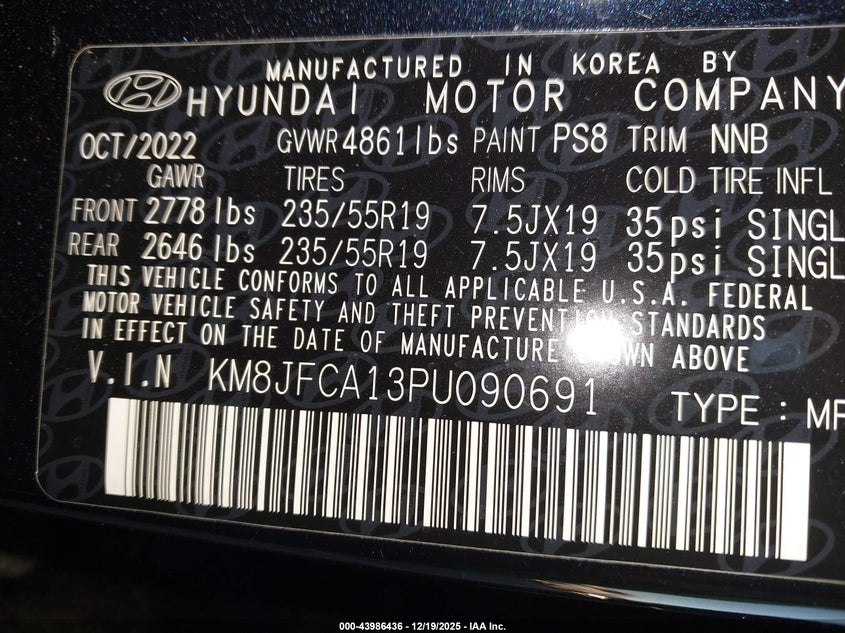 2023 Hyundai Tucson hybrid VIN KM8JFCA13PU090691 IAAI salvage auction — LEFT FRONT, Other, sold $9,800 on 2026-07-17 (photo 9)