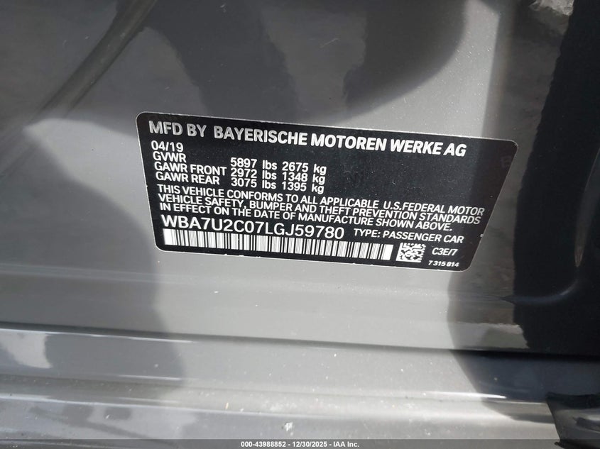 2020 BMW 7 series VIN WBA7U2C07LGJ59780 IAAI salvage auction — FRONT END, Mv-907A (New York), sold $17,600 on 2026-08-01 (photo 9)