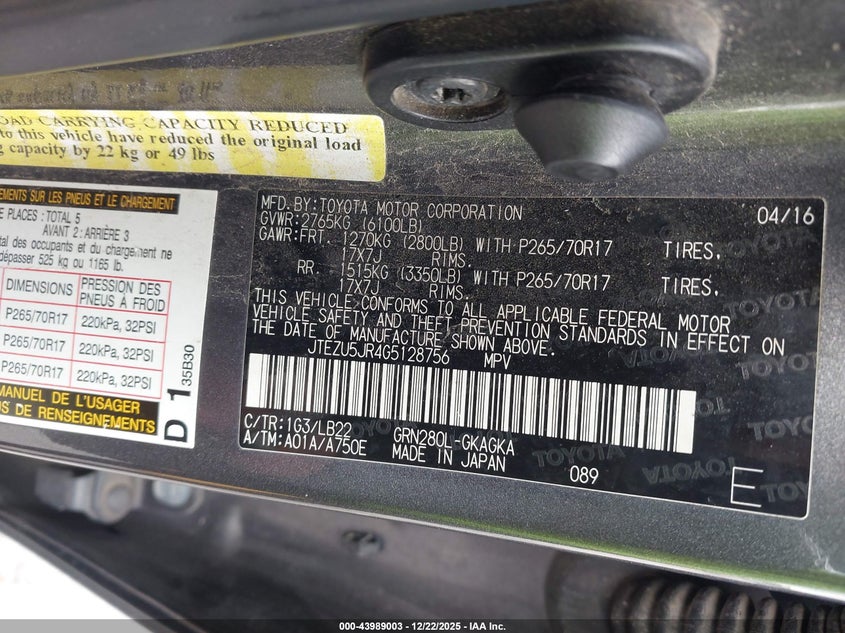 2016 Toyota 4runner VIN JTEZU5JR4G5128756 IAAI salvage auction — RIGHT FRONT, Salvage Title, sold $7,550 on 2026-07-20 (photo 9)