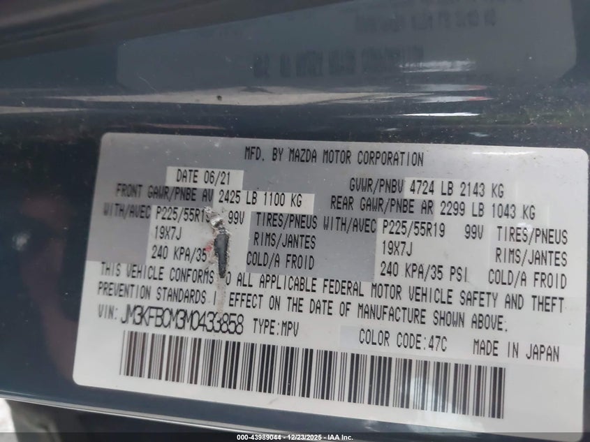 2021 Mazda Cx-5 VIN JM3KFBCM3M0433858 IAAI salvage auction — FRONT END, Salvage Title, sold $5,350 on 2026-07-17 (photo 9)