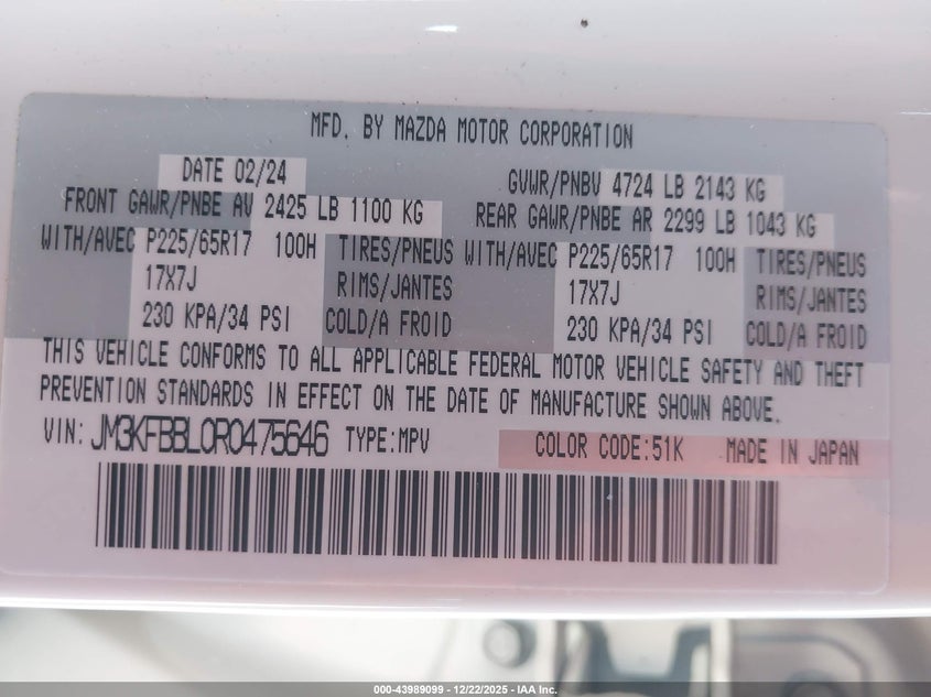 2024 Mazda Cx-5 VIN JM3KFBBL0R0475646 IAAI salvage auction — FRONT & REAR, Other, sold $6,600 on 2026-07-22 (photo 9)