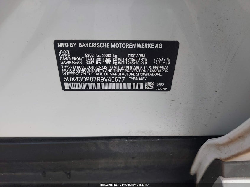 2024 BMW X3 VIN 5UX43DP07R9V46677 IAAI salvage auction — LEFT SIDE, Original (Texas), sold $14,250 on 2026-07-10 (photo 9)
