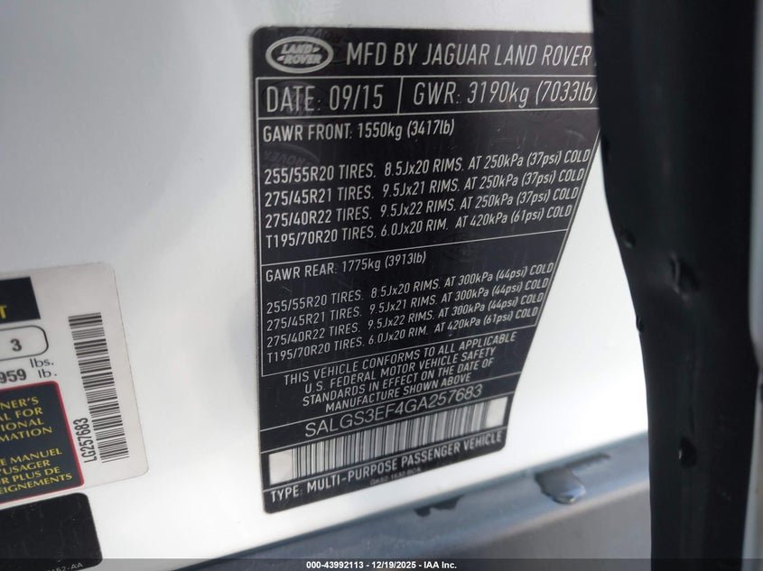 2016 Land rover RANGE ROVER VIN SALGS3EF4GA257683 IAAI salvage auction — FRONT END, Clear (Oklahoma), sold $25 on 2026-08-20 (photo 9)