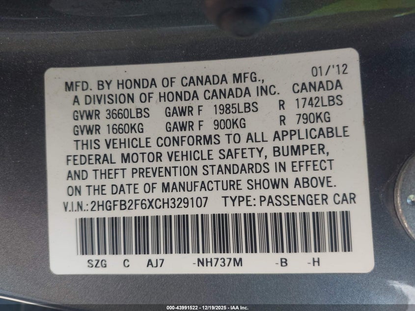 2012 Honda Civic VIN 2HGFB2F6XCH329107 IAAI salvage auction — FRONT END, Other, sold $450 on 2026-07-21 (photo 9)