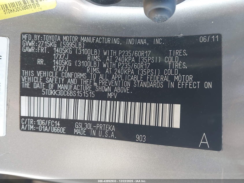 2011 Toyota Sienna VIN 5TDKK3DC6BS151515 IAAI salvage auction — FRONT END, Salvage (Rhode Island), sold $1,500 on 2026-07-28 (photo 9)