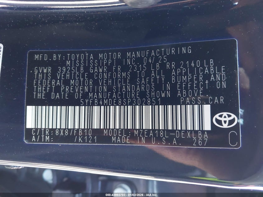 2025 Toyota Corolla VIN 5YFB4MDE8SP302851 IAAI salvage auction — FRONT END, Other, sold $5,500 on 2026-07-13 (photo 9)