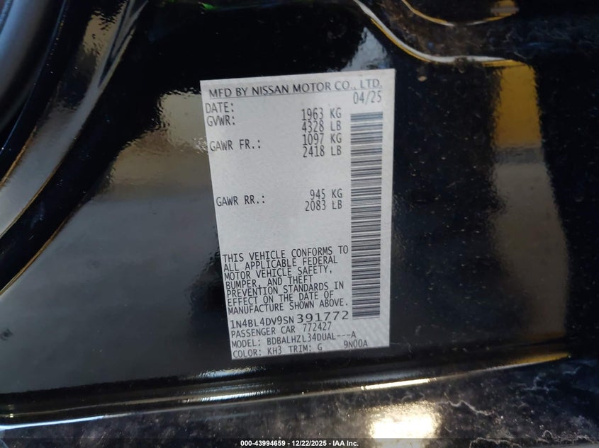 2025 Nissan Altima VIN 1N4BL4DV9SN391772 IAAI salvage auction — FRONT END, Salvage (New Jersey), sold $8,900 on 2026-07-30 (photo 9)