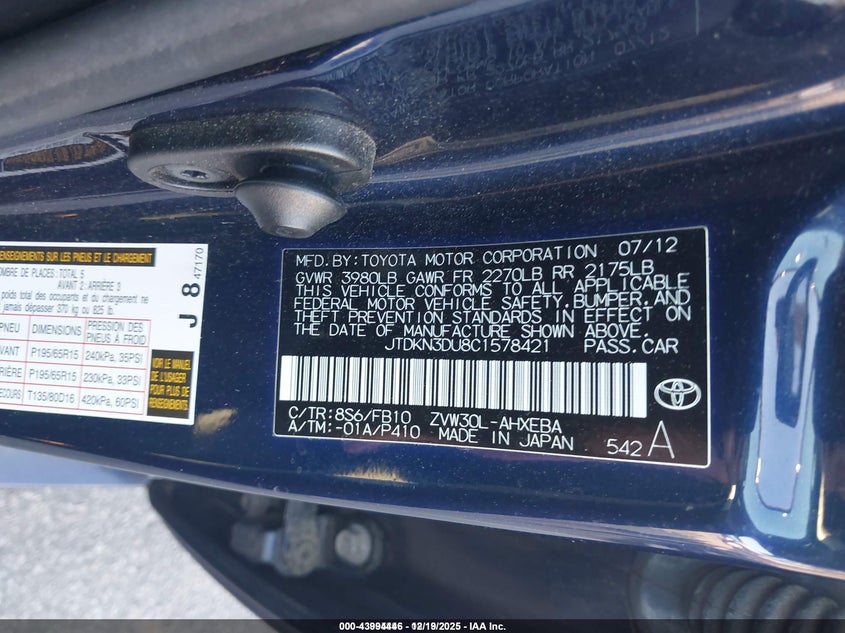2012 Toyota Prius VIN JTDKN3DU8C1578421 IAAI salvage auction — LEFT FRONT, Salvage (Idaho), sold $3,400 on 2026-07-08 (photo 9)