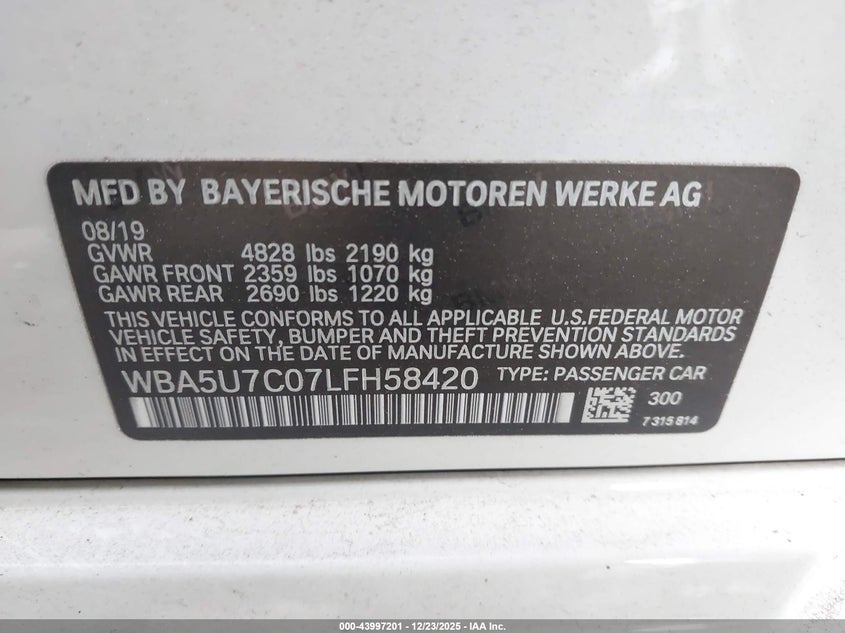 2020 BMW 3 series VIN WBA5U7C07LFH58420 IAAI salvage auction — FRONT END, Other, sold $14,100 on 2026-07-15 (photo 9)