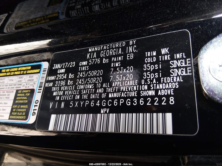 2023 Kia Telluride VIN 5XYP64GC6PG362228 IAAI salvage auction — FRONT END, Salvage (Indiana), sold $5,500 on 2026-07-10 (photo 9)