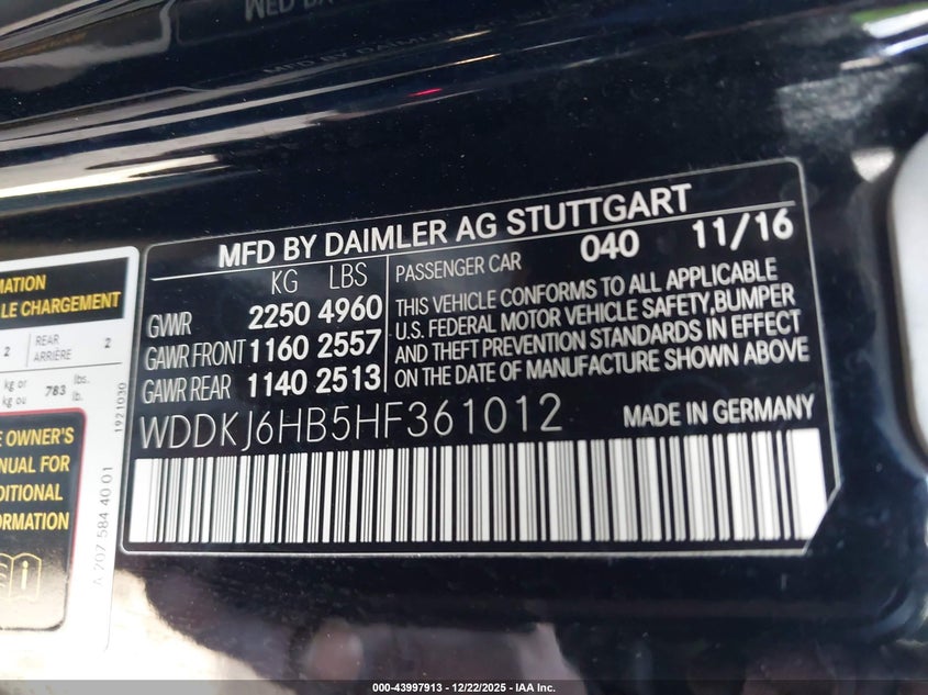 2017 Mercedes-benz E-klasse VIN WDDKJ6HB5HF361012 IAAI salvage auction — LEFT SIDE, Salvage Title, sold $1,000 on 2026-07-27 (photo 9)