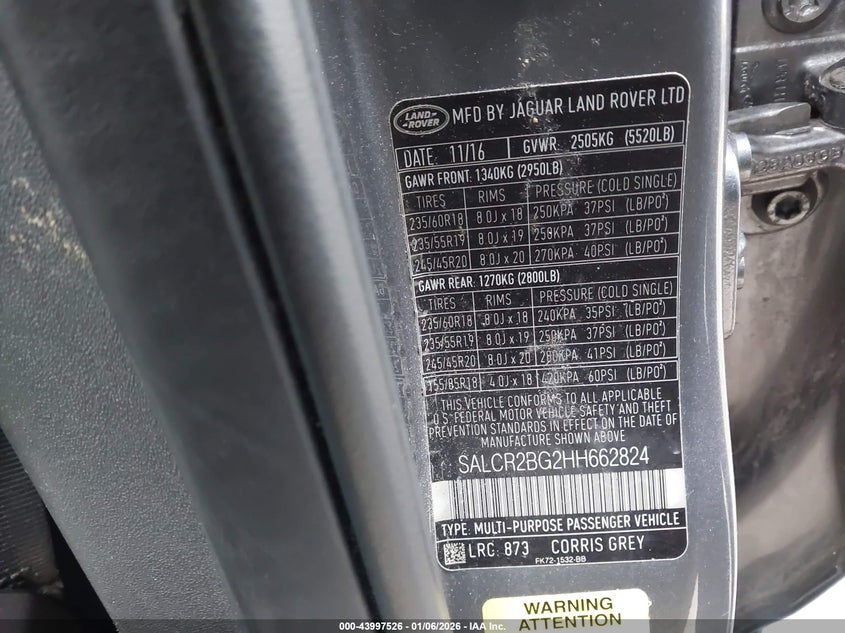 2017 Land rover Discovery sport VIN SALCR2BG2HH662824 IAAI salvage auction — SIDE, Salvage (New Jersey), sold $3,600 on 2026-07-27 (photo 9)