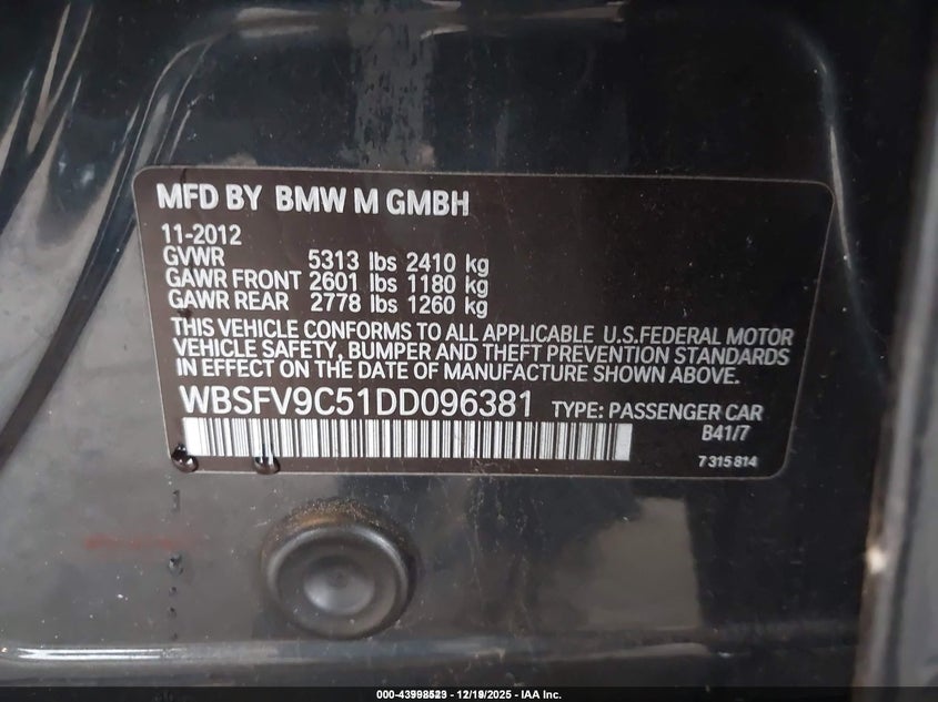 2013 BMW M5 VIN WBSFV9C51DD096381 IAAI salvage auction — FRONT END, Other, sold $8,125 on 2026-08-19 (photo 9)