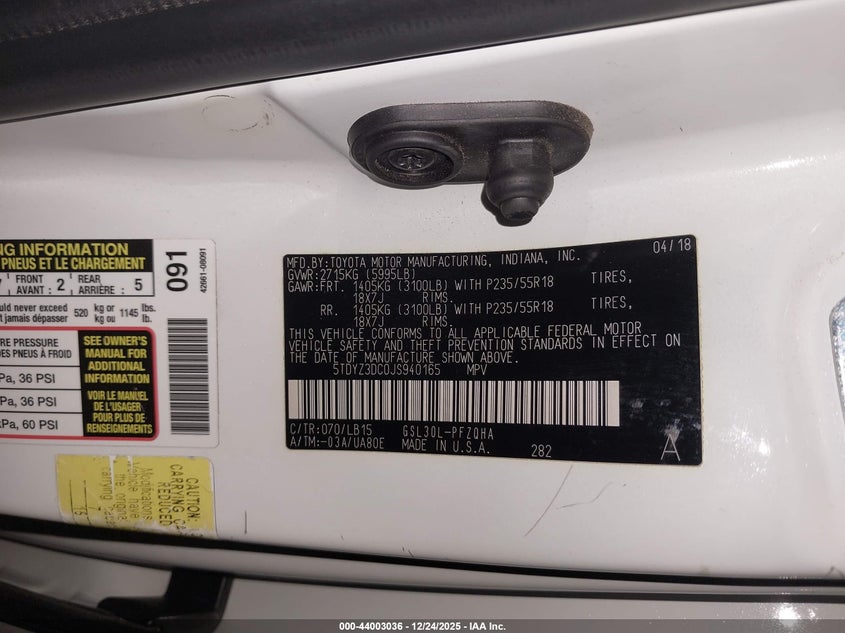 2018 Toyota Sienna VIN 5TDYZ3DC0JS940165 IAAI salvage auction — FRONT END, Salvage Title, sold $3,450 on 2026-07-13 (photo 9)