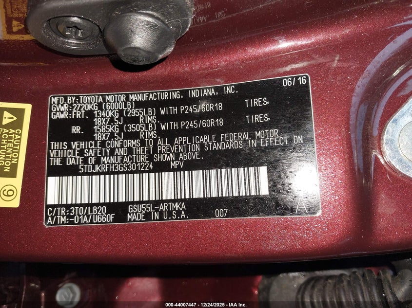 2016 Toyota Highlander VIN 5TDJKRFH3GS301224 IAAI salvage auction — RIGHT SIDE, Mv-907A (New York), sold $10,875 on 2026-07-21 (photo 9)