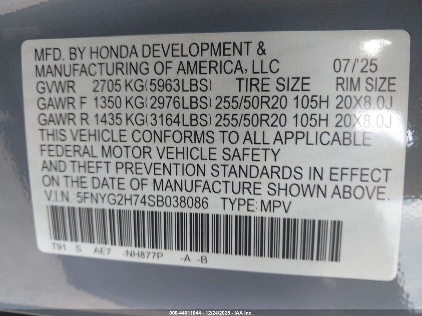 2025 Honda Pilot VIN 5FNYG2H74SB038086 IAAI salvage auction — REAR END, Salvage Title, sold $15,800 on 2026-07-21 (photo 9)