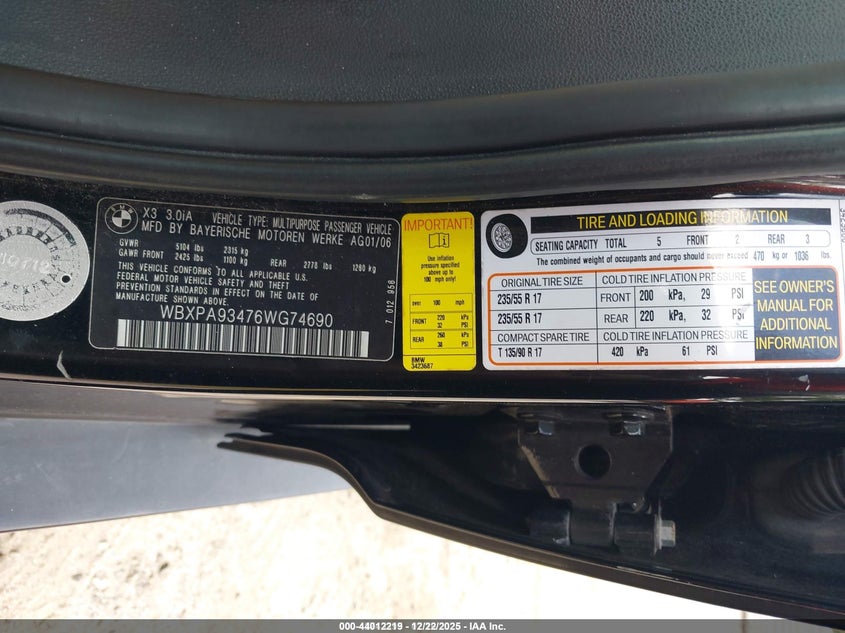 2006 BMW X3 VIN WBXPA93476WG74690 IAAI salvage auction — SIDE, Court Order (Georgia), sold $325 on 2026-07-17 (photo 9)
