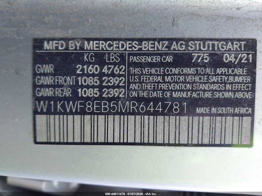 2021 Mercedes-benz C-klasse VIN W1KWF8EB5MR644781 IAAI salvage auction — LEFT SIDE, Salvage Title, sold $7,900 on 2026-07-30 (photo 9)