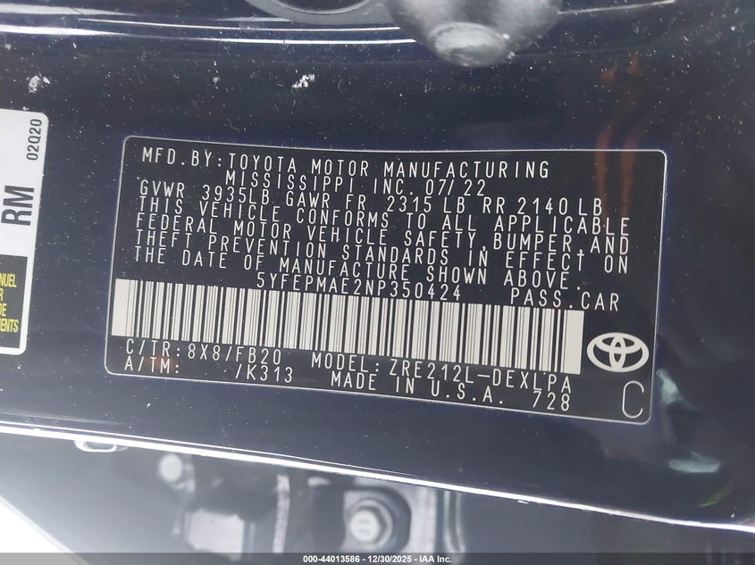 2022 Toyota Corolla VIN 5YFEPMAE2NP350424 IAAI salvage auction — FRONT END, Salvage (Pennsylvania), sold $6,200 on 2026-07-14 (photo 9)