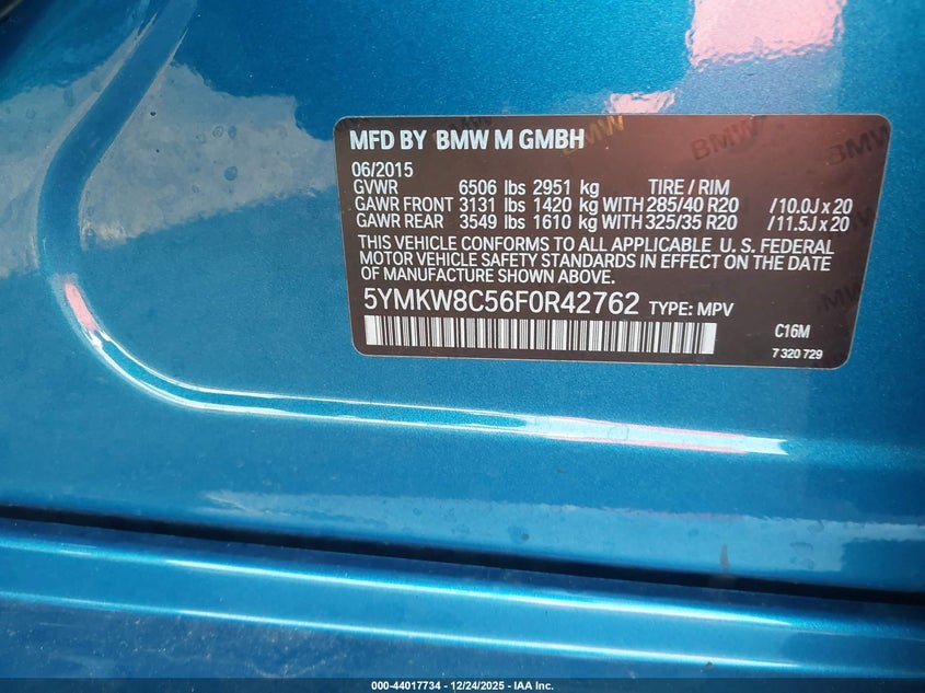 2015 BMW X6 m VIN 5YMKW8C56F0R42762 IAAI salvage auction — ROOF, Clear (Georgia), sold $9,900 on 2026-08-12 (photo 9)