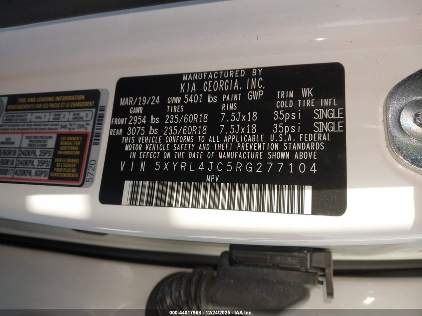 2024 Kia Sorento VIN 5XYRL4JC5RG277104 IAAI salvage auction — FRONT END, Salvage (New Jersey), sold $10,200 on 2026-07-09 (photo 9)