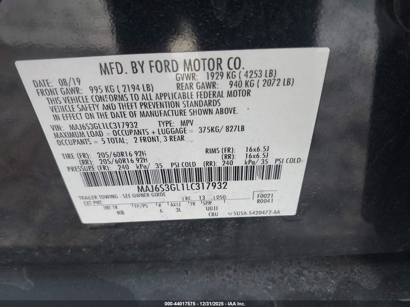 2020 Ford Ecosport VIN MAJ6S3GL1LC317932 IAAI salvage auction — REAR END, Salvage (Massachusetts), sold $25 on 2026-07-24 (photo 9)