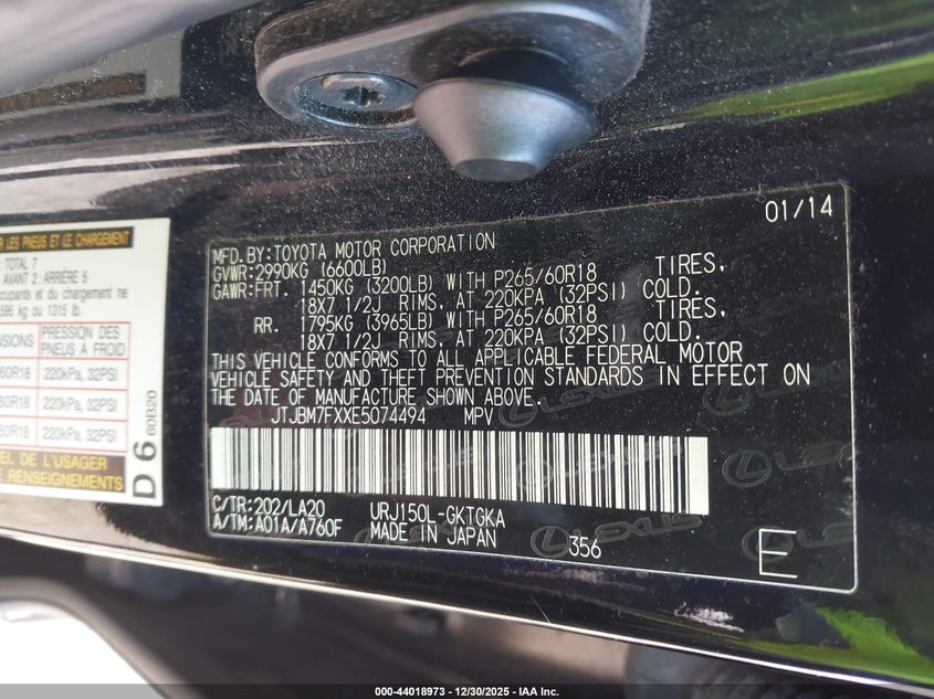 2014 Lexus Gx VIN JTJBM7FXXE5074494 IAAI salvage auction — REAR END, Salvage (Idaho), sold $10,200 on 2026-08-24 (photo 9)