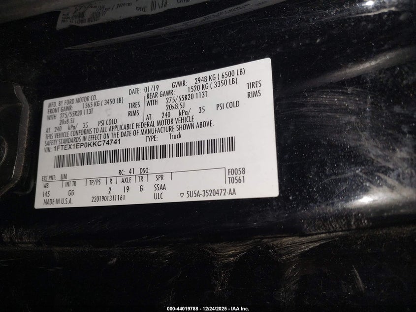 2019 Ford F-150 VIN 1FTEX1EP0KKC74741 IAAI salvage auction — FRONT END, Salvage Title, sold $3,550 on 2026-07-30 (photo 9)
