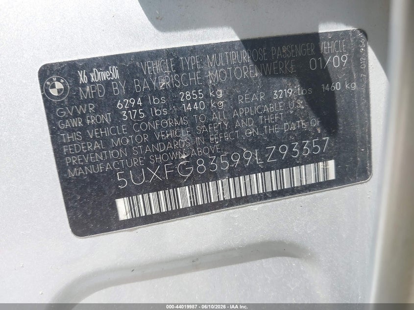 2009 BMW X6 VIN 5UXFG83599LZ93357 IAAI salvage auction — LEFT & RIGHT, Salvage (Illinois), sold $550 on 2026-07-14 (photo 9)